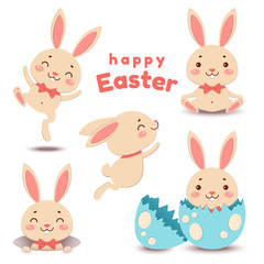 Collection of cute cartoon Easter bunnies and cracked egg. Vector illustration.