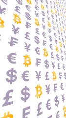 Bitcoin and currency on a white background. Digital Cryptocurrency symbol. Wave effect, currency market fluctuations. Business concept. 3D illustration