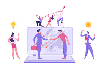 Obraz premium Global Business Concept. Teamwork Cooperation with Business People Characters Handshaking behind World Map on Laptop. Businessman and Businesswoman Partnership. Vector Flat illustration