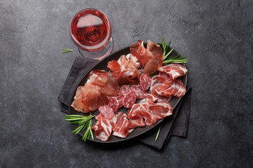 Spanish jamon, prosciutto crudo ham, italian salami
