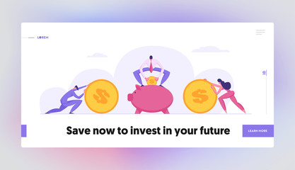 Money Saving Concept with Business People Characters Landing Page. Financial Savings Profit, Investment, Deposit with Businessman Collect Coins in Moneybox Website Banner. Vector Flat illustration