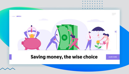 Money Saving Concept Landing Page with Business People Characters, Piggy Bank and Money Tree. Financial Savings Profit, Investment with Businessman and Moneybox Banner, Website. Vector illustration