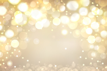 A festive abstract beige golden gradient background texture with glitter defocused sparkle bokeh circles. Card concept for Happy New Year, party invitation, valentine or other holidays.