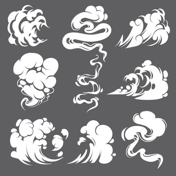 Comic smoke. Clouds steam explosion dust fog smog gas blast dust air trail puff smoking effect fire game draw cartoon, vector icon