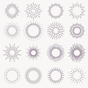 Vintage Sunburst. Bursting Rays Sunrise Firework Starburst Blast Burst Sunset Star Light Ray Radiant Spark Hand Drawn, Vector Set