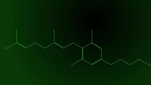 Animation green line draws the structural formula of the cannabigerol molecule. Black and green flashing gradient background