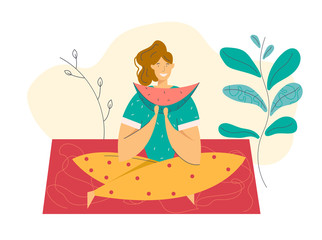 Obraz na płótnie Canvas Happy Woman Eat Watermelon on Picnic. Female Character Relaxing on Nature Landscape. Healthy Eating Outdoor Relax. Vector Flat illustration