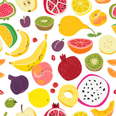 Fruits pattern. Fruit seamless print natural cute fresh food colorful summer textile cartoon, vector texture