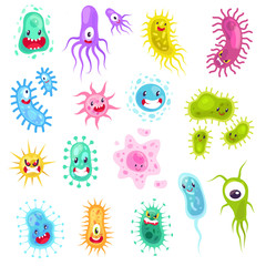 Fototapeta na wymiar Virus characters. Funny cute monster viruses biological allergy cancer microbes aids epidemiology infection germ flu cartoon vector