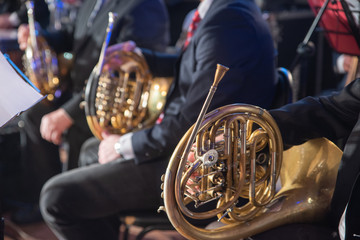 musical instruments in the hands of musicians on the Symphony orchestra