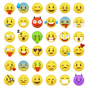 Emoticons set. Emoji faces emoticon smile funny digital smiley expression emotion feelings chat messenger cartoon emotes vector icons