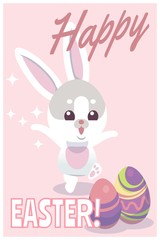 Easter card. Cute baby rabbit easter decorative lettering traditional festive party invitation vector cartoon illustration
