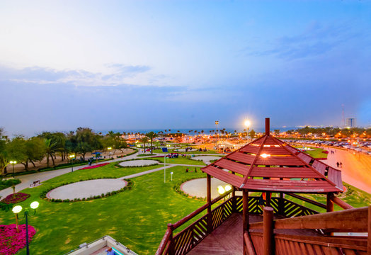 Aerial view of mamzar beach park from lookout tower top on evening