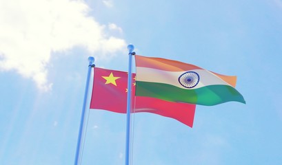 China and India, two flags waving against blue sky. 3d image