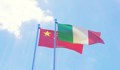 China and Italy, two flags waving against blue sky. 3d image