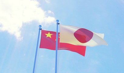China and Japan, two flags waving against blue sky. 3d image