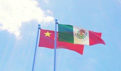 China and Mexico, two flags waving against blue sky. 3d image