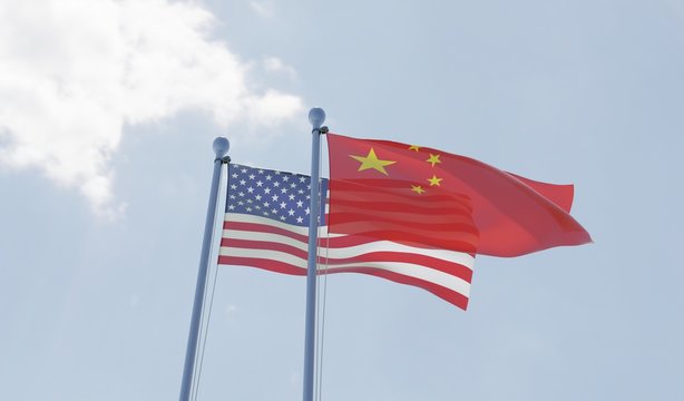 China and USA, two flags waving against blue sky. 3d image