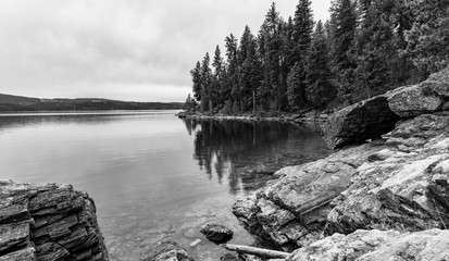 Lake Couer d'Alene shoreline in black and white