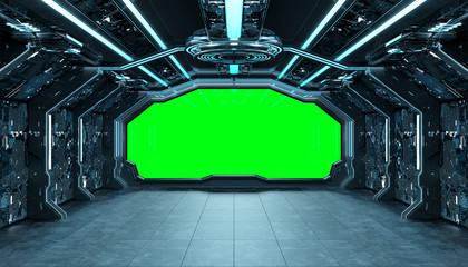 Dark blue spaceship futuristic interior mockup with window 3d rendering © sdecoret