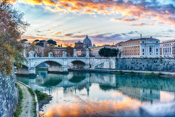 Sunset over the Tiber river in Rome, Italy