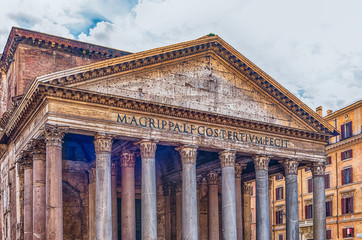 Facade of the Pantheon, iconic landmark in Rome, Italy