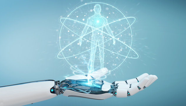 White robot hand scanning human body 3D rendering