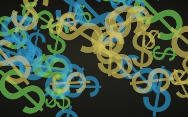 Multicolored translucent dollar signs on dark background. 3D illustration