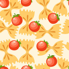 Italian food pasta farfalle with tomatoes. Seamless pattern. Flat vector illustration on white background. Web site page and mobile app design
