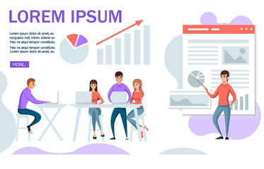Business meeting and data analysis concept, project management, financial analysis, business strategy. Isometric men and women work together. Vector illustration on white background