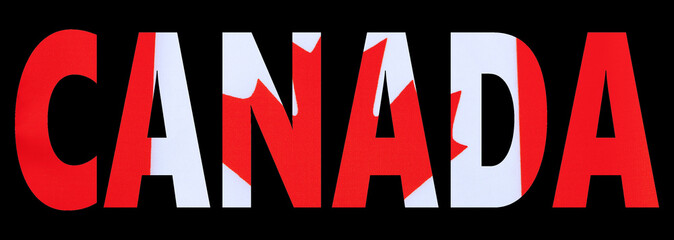 Fototapeta na wymiar Bold text cutout letters from the image of a national flag with black background. Great photo with graphic elements for any nation specific subject. Flag of Canada in red and white.