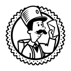 The postman smiles and holds the envelope in his hands, mustache