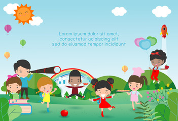 back to school, kids school, education concept, Kids go to school, Template for advertising brochure, your text,Kids and frame,child and frame,Vector Illustration, cartoon happy children.Illustration