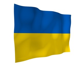 The flag of Ukraine on a white background. National flag and state ensign. Blue and yellow bicolour. 3D illustration waving flag