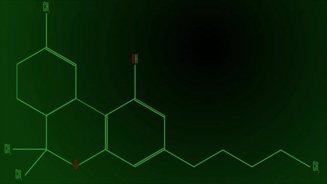 Animation green line draws the structural formula of the tetrahydrocannabinol molecule. Black and green gradient background