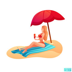 Beautiful girl on the beach uses sunscreen.