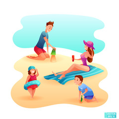 Obraz na płótnie Canvas Set of cartoon characters family on the beach.