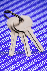 Keys isolated on programm code background. Programming, safity, networs. Security concept