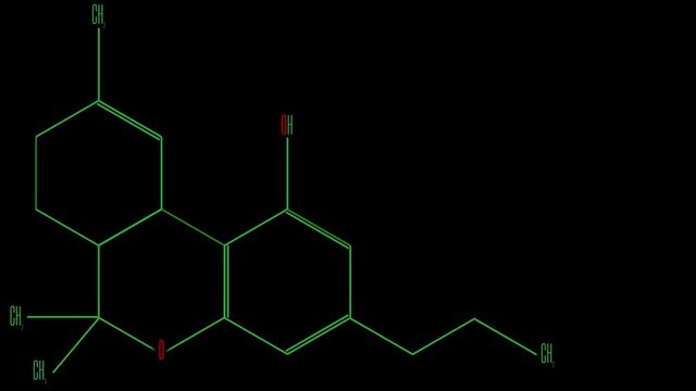 Animation green line draws the structural formula of the tetrahydrocannabinol molecule. No background