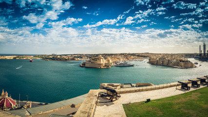 Valletta, Malta: View over Grand Harbor and Three Cities of Senglea, Birgu and Cospicua from Upper...