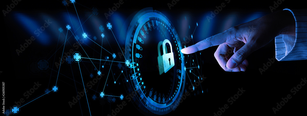 Poster Data protection Cyber Security Privacy Business with Woman hand pointing with UI.Internet Technology Concept.