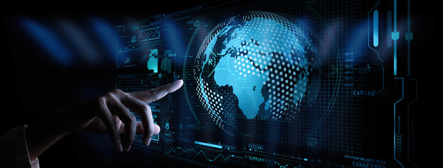 Businesswoman touching global network and data exchanges over the world with new technology interface.