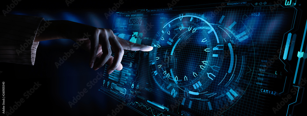 Aufkleber Woman hand in suit using hud interface with Artificial intelligence Machine learning Business Internet Technology concept.