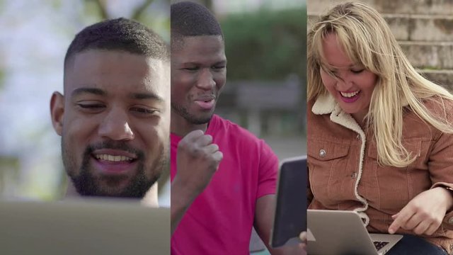 Collage of handsome Afro-american men with short hair and plumpy pretty Caucasian woman sitting outside, working on laptop, having video chat, looking joyful. Lifestyle, joy concept