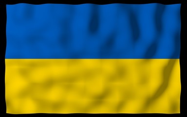 The flag of Ukraine on a dark background. National flag and state ensign. Blue and yellow bicolour. 3D illustration waving flag