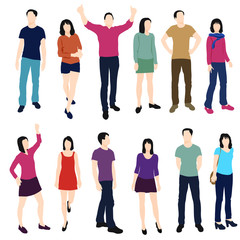 Fototapeta premium Set of men and women standing, in various poses, cartoon character, people, business, group, vector silhouette, flat designe icon, different colors, isolated on white background