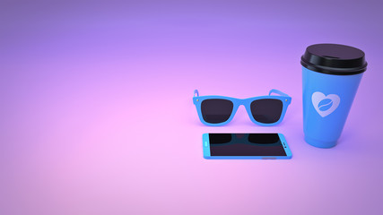 Blue smartphone, coffee cup and sunglasses on a pink background. Bright and stylish composition. Realistic 3D render