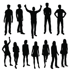 Set of business people, vector silhouettes, group men and women, different poses,  black color, isolated on white background