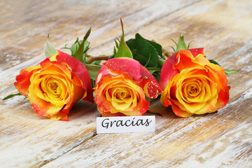 Gracias (thank you in Spanish) card with three colorful roses sprinkled with glitter on wooden surface