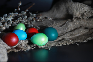 Easter painted eggs on burlap